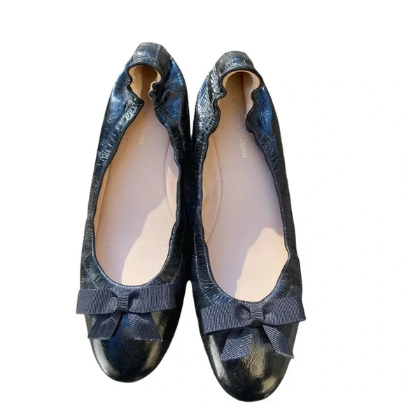 Stuart Weitzman Raven Flats bow black patton leather size 7.5 - Picture 2 of 9